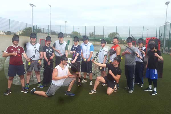 Stag group enjoying a Tag Archery and Bubble Football combo at Astrobay!